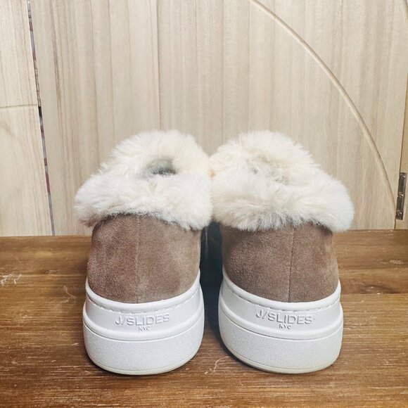 J/SLIDES Neel Taupe Faux Fur Trim Suede Slip On Sneakers 8.5 J Slides Platform - Picture 2 of 6